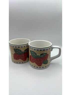 Strawberry Print Tienshan Stoneware Mug Set Of 2 - Dishwasher & Microwave Safe -